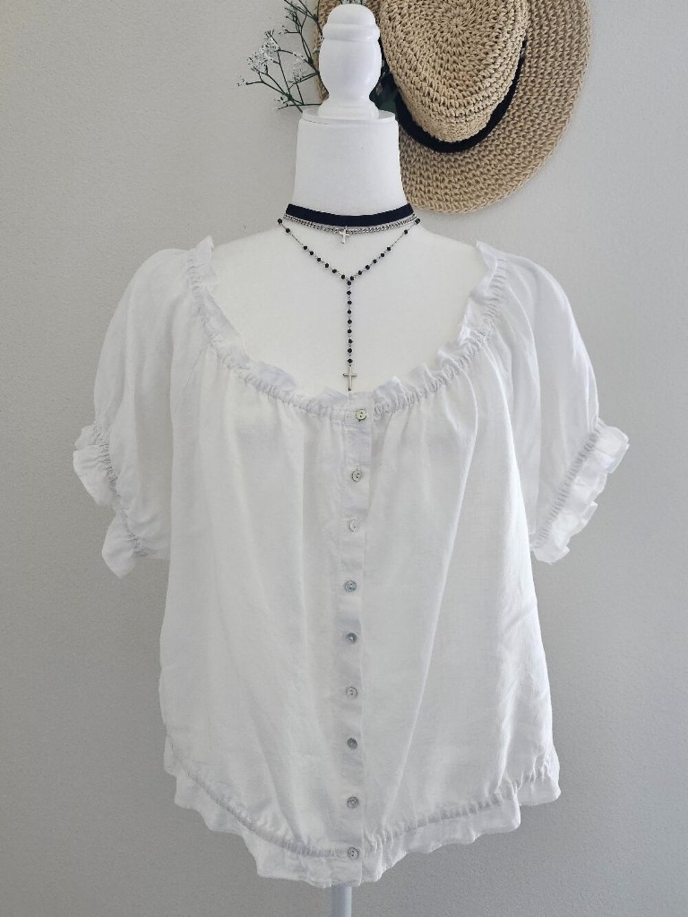 Zara TRF White Linen Blend Peasant Top - Size L (Relaxed/Boxy Fit)